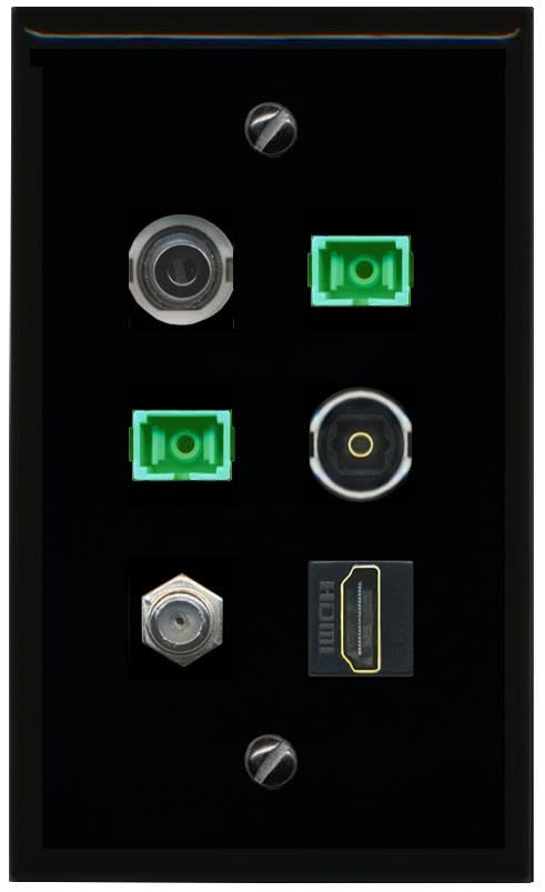 RiteAV 3.5mm Coax HDMI 2 SC APC Simplex Fiber TOSLINK Flat/Solid Wall Plate [Black]