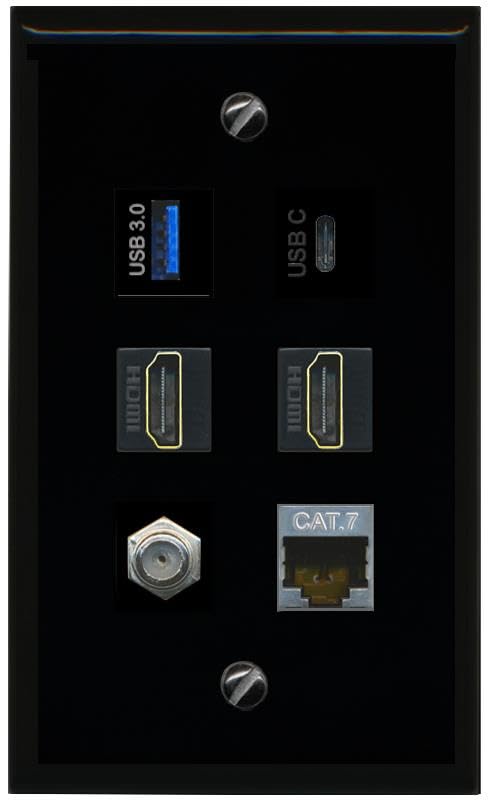 RiteAV USB 3 USB C 2 HDMI Coax Cat7 Wall Plate - Flat [Black/Black]