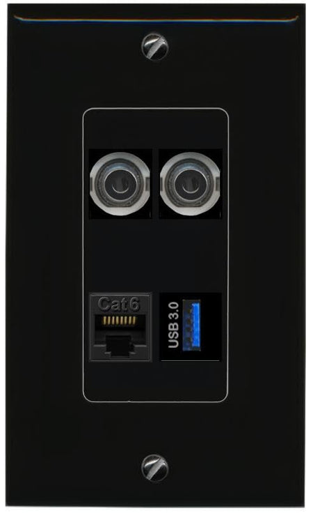 RiteAV 2 3.5mm CAT6 USB-3 Wall Plate Decorative [Black]