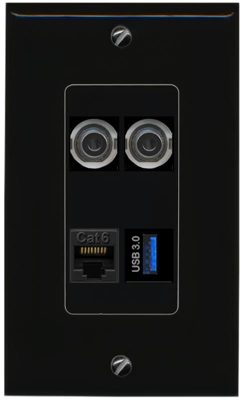 RiteAV 2 3.5mm CAT6 USB-3 Wall Plate Decorative [Black]