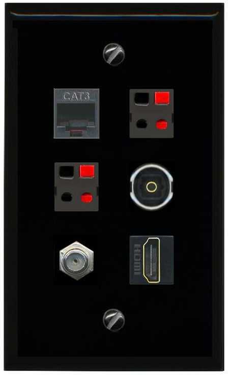 RiteAV COAX HDMI PHONE 2 SPEAKER TOSLINK Flat/Solid Wall Plate [Black]