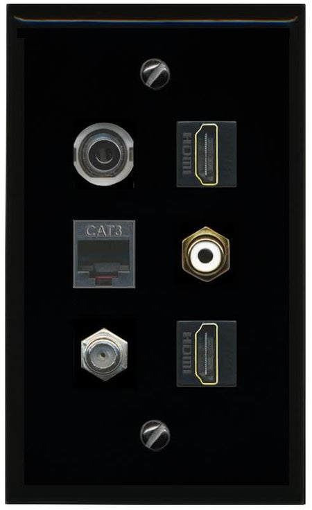RiteAV 3.5mm COAX 2 HDMI PHONE RCA WHITE Flat/Solid Wall Plate [Black]