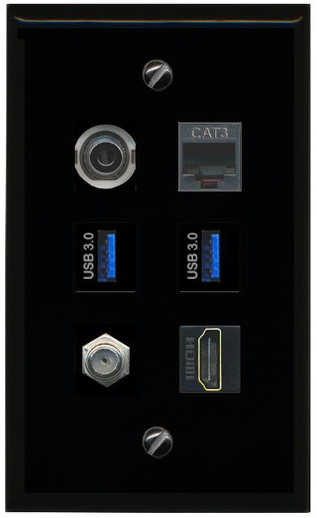 RiteAV 3.5mm Coax HDMI Phone 2 USB 3 Flat/Solid Wall Plate [Black]