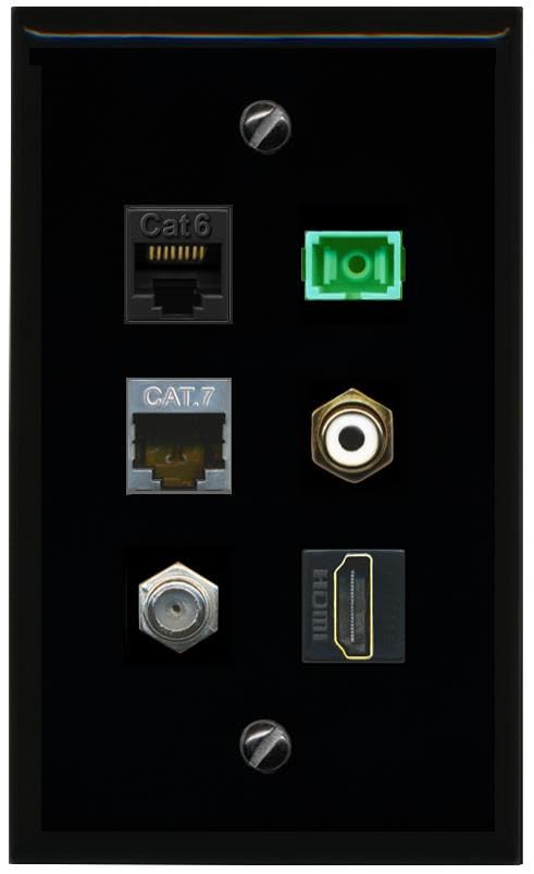 RiteAV CAT6 CAT7 COAX HDMI RCA WHITE SC APC Simplex Fiber Flat/Solid Wall Plate [Black]