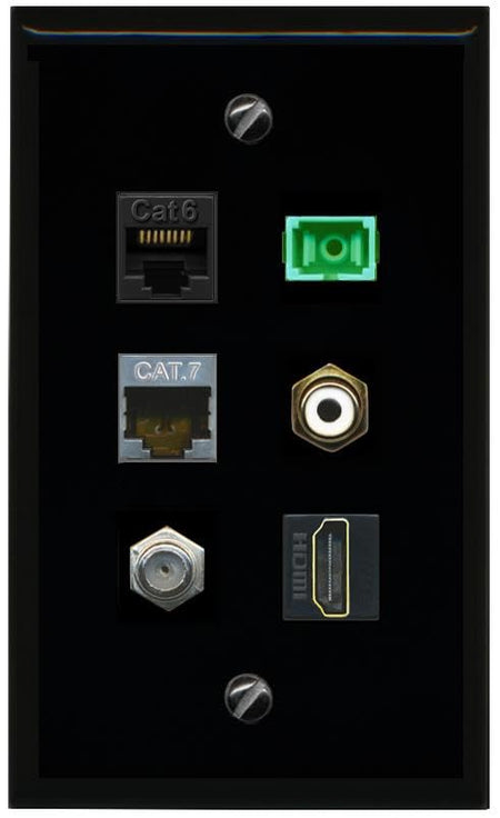 RiteAV CAT6 CAT7 COAX HDMI RCA WHITE SC APC Simplex Fiber Flat/Solid Wall Plate [Black]