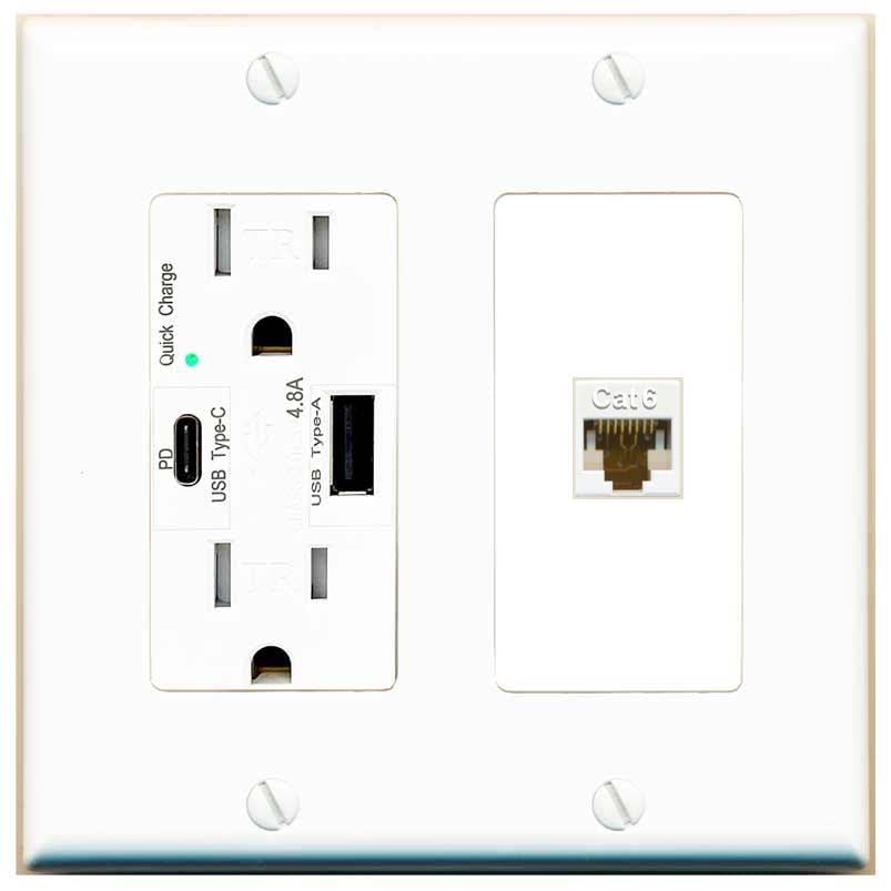 RiteAV 1 Port Cat6 Ethernet Wall Plate Female-Female - USB A+C Charger [White/White]