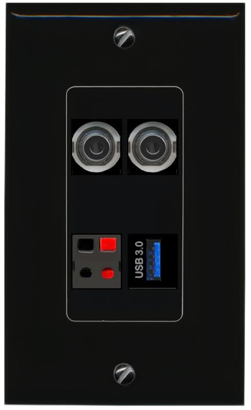 RiteAV 2 3.5mm SPEAKER USB-3 Wall Plate Decorative [Black]