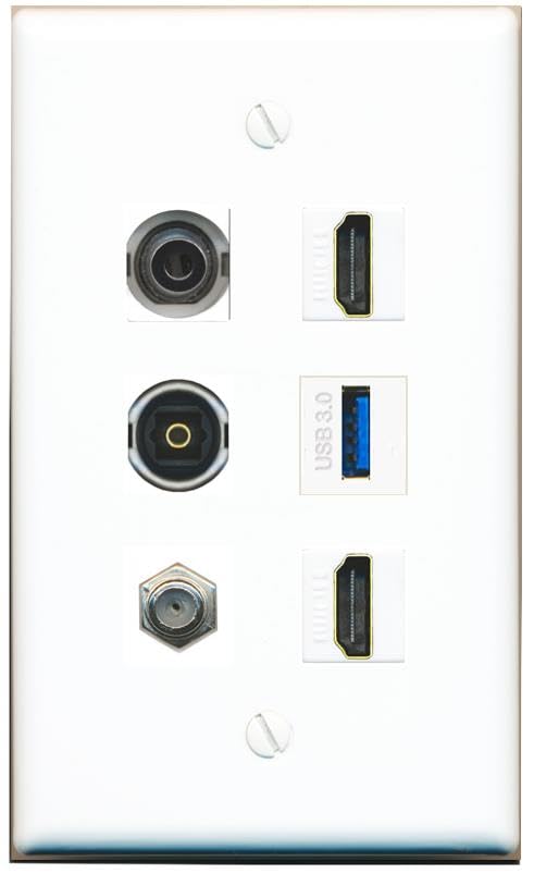 RiteAV 3.5mm Coax 2 HDMI TOSLINK USB-3 Flat/Solid Wall Plate [White]