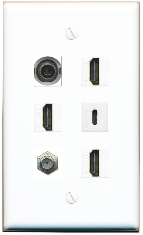 RiteAV 3.5mm Coax 3 HDMI USBC Flat/Solid Wall Plate [White]
