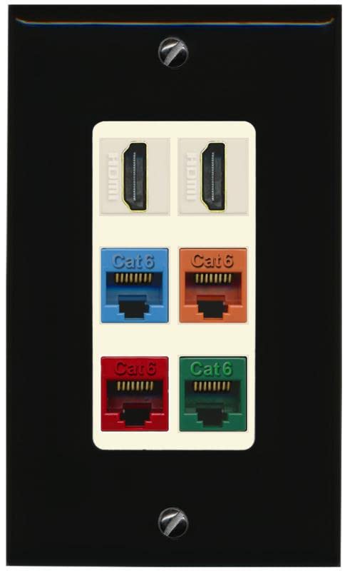 RiteAV 2 HDMI 4 Cat6 Ethernet Mixed Color Wall Plate - 1 Gang [Black/Light-Almond]