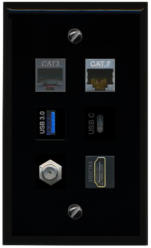 RiteAV CAT7 Coax HDMI Phone USB 3 USBC Flat/Solid Wall Plate [Black]