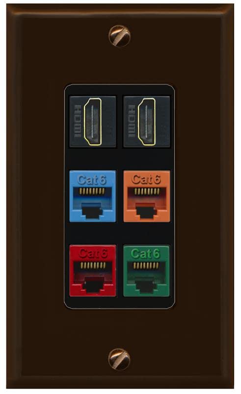 RiteAV 2 HDMI 4 Cat6 Ethernet Mixed Color Wall Plate - 1 Gang [Brown/Black]