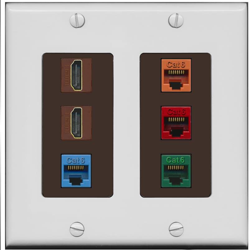 RiteAV 2 HDMI 4 Cat6 Ethernet Mixed Color Wall Plate - 2 Gang [Gray/Brown]