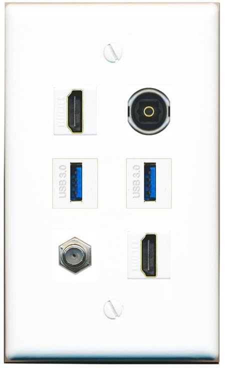 RiteAV Coax 2 HDMI TOSLINK 2 USB-3 Flat/Solid Wall Plate [White]