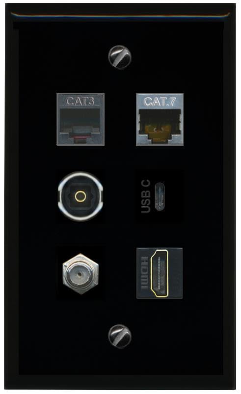 RiteAV CAT7 Coax HDMI Phone TOSLINK USBC Flat/Solid Wall Plate [Black]