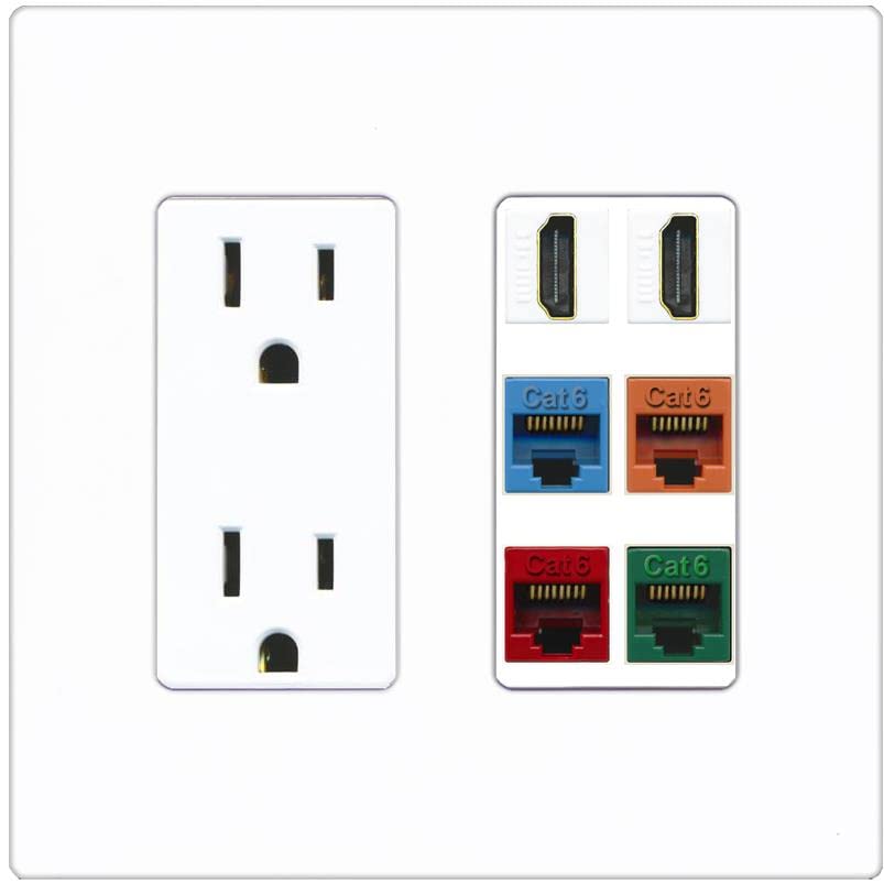 RiteAV 2 HDMI 4 Cat6 Ethernet Mixed Color Wall Plate - Outlet [Screwless White]