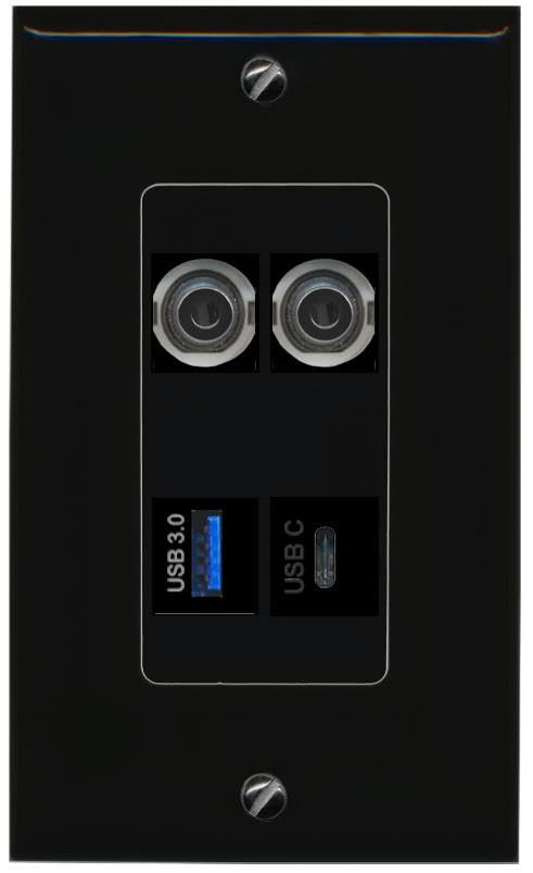 RiteAV 2 3.5mm USB-3 USBC Wall Plate Decorative [Black]