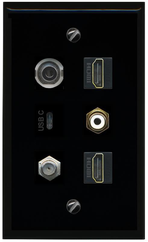 RiteAV 3.5mm Coax 2 HDMI RCA White USBC Flat/Solid Wall Plate [Black]