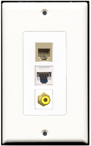 RiteAV 1 Port RCA Yellow 1 Phone RJ11 RJ12 Beige 1 Cat5e Ethernet White Wall Plate OVERSIZED