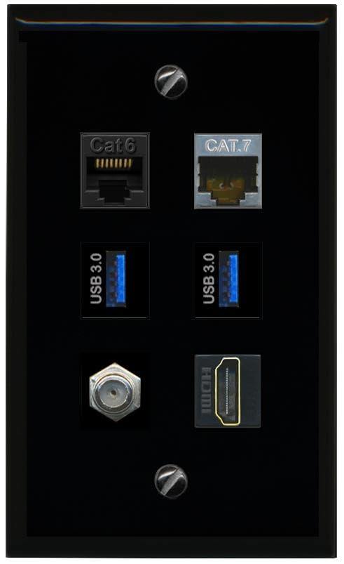 RiteAV CAT6 CAT7 Coax HDMI 2 USB 3 Flat/Solid Wall Plate [Black]