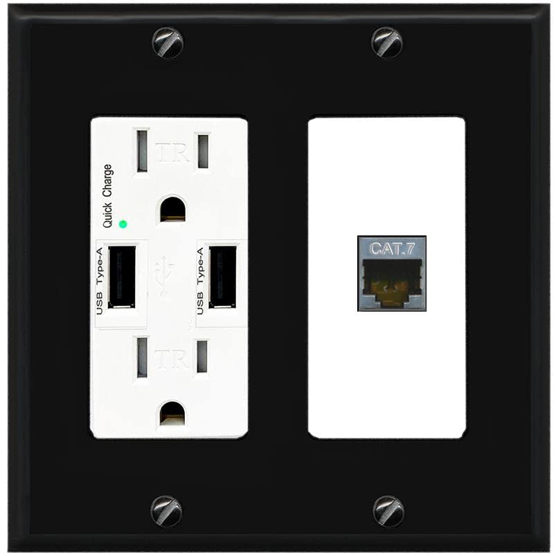RiteAV 1 Port Cat7 Shielded Ethernet Wall Plate - USB Charger [Black/White]