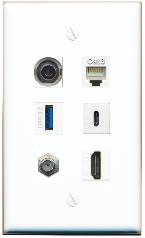 RiteAV 3.5mm Coax HDMI Phone USB-3 USBC Flat/Solid Wall Plate [White]