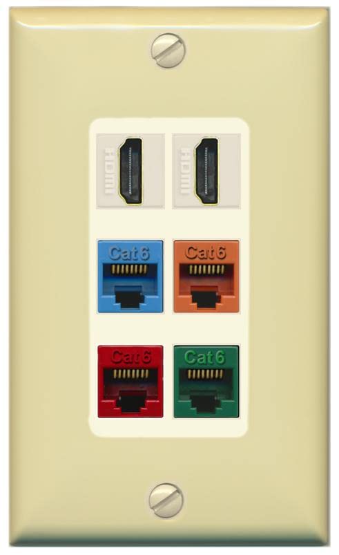 RiteAV 2 HDMI 4 Cat6 Ethernet Mixed Color Wall Plate - 1 Gang [Ivory/Light-Almond]