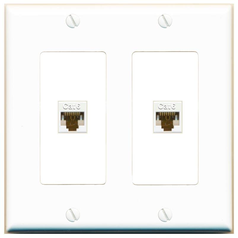 RiteAV 2 Port Cat6 Ethernet Wall Plate Jack Female-Female - 2 Gang [White/White]
