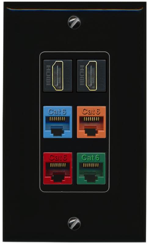 RiteAV 2 HDMI 4 Cat6 Ethernet Mixed Color Wall Plate - 1 Gang [Black/Black]