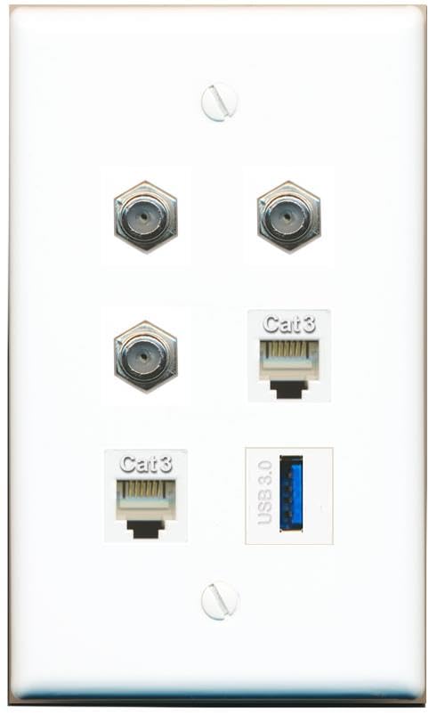 3 COAX 2 PHONE USB-3 Flat/Solid Wall Plate [White]