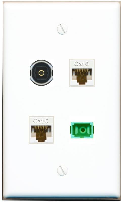 RiteAV - 2 CAT6 SC-APC Singlemode Simplex TOSLINK Wall Plate Flat White