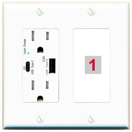 RiteAV - Custom Wall Plate 1 Port - USB A+C Charger [White/White]