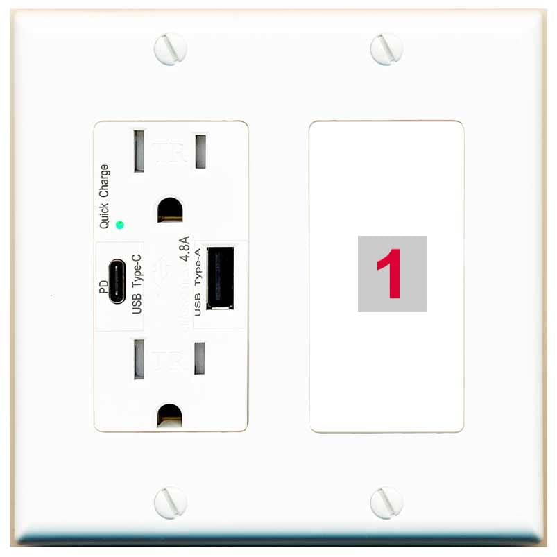 RiteAV - Custom Wall Plate 1 Port - USB A+C Charger [White/White]