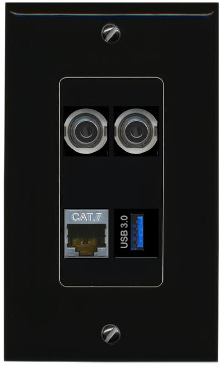 RiteAV 2 3.5mm CAT7 USB-3 Wall Plate Decorative [Black]