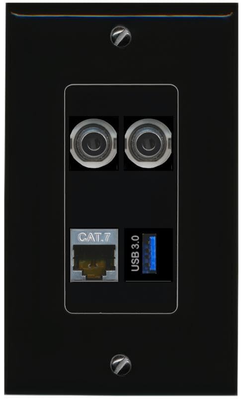 RiteAV 2 3.5mm CAT7 USB-3 Wall Plate Decorative [Black]