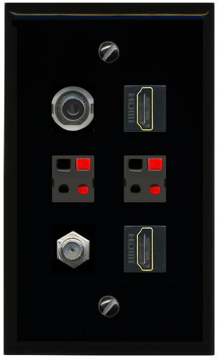 RiteAV 3.5mm COAX 2 HDMI 2 SPEAKER Flat/Solid Wall Plate [Black]