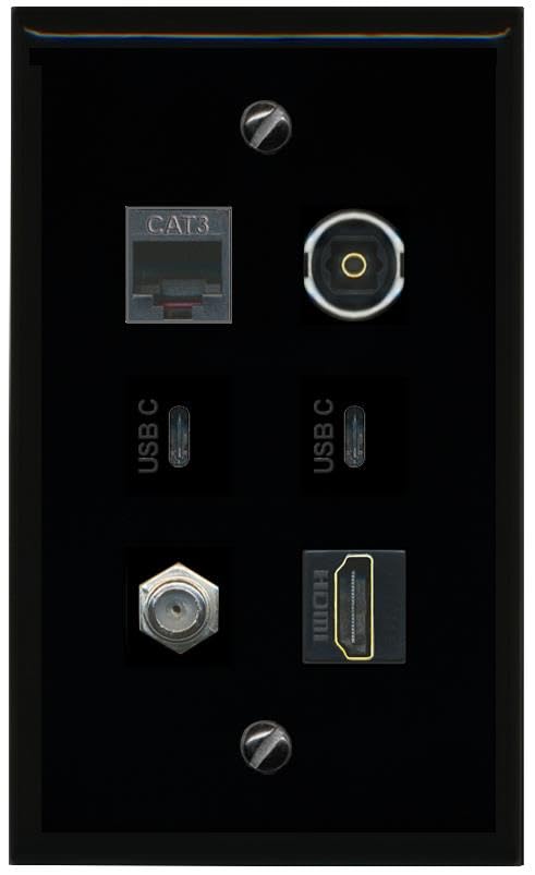 RiteAV Coax HDMI Phone TOSLINK 2 USBC Flat/Solid Wall Plate [Black]
