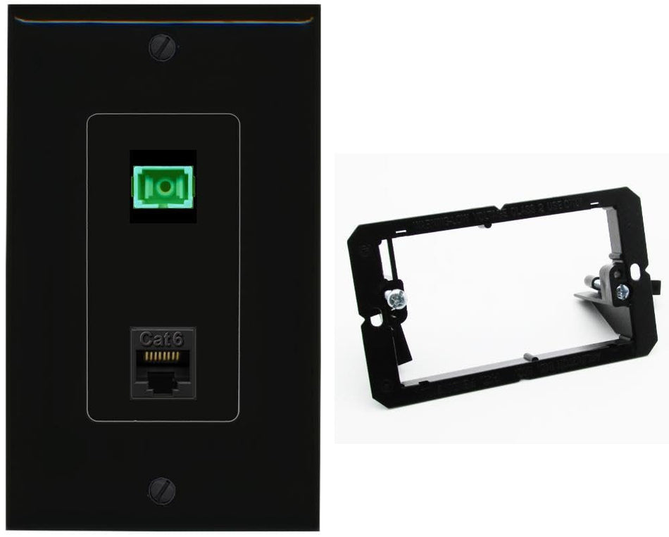 RiteAV 1 Port Fiber Optic Jack SC Simplex APC + Cat6 Wall Plate-Bracket Black/Black