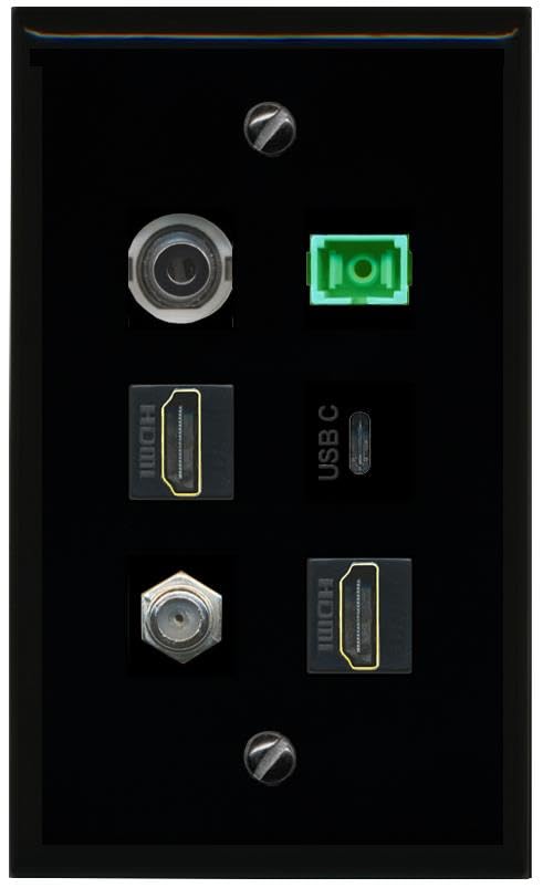 RiteAV 3.5mm Coax 2 HDMI SC APC Simplex Fiber USBC Flat/Solid Wall Plate [Black]