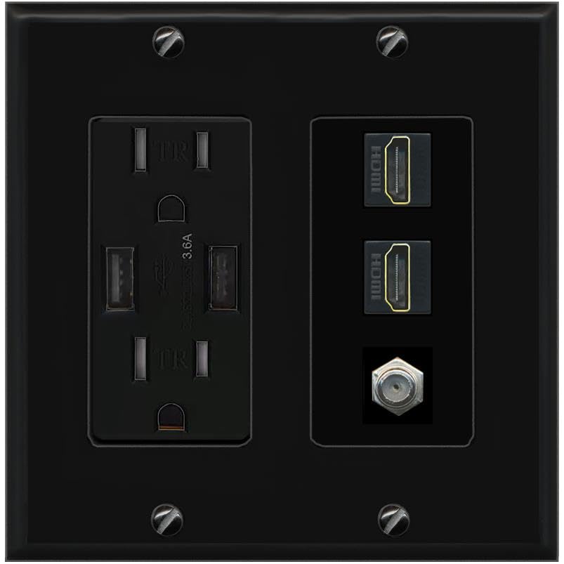 COAX 2 HDMI Wall Plate-USB Charger Black/Black