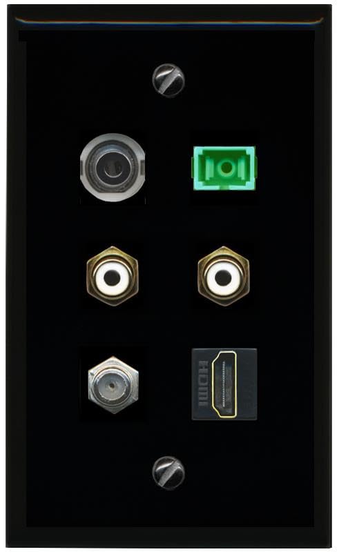 RiteAV 3.5mm Coax HDMI 2 RCA White SC APC Simplex Fiber Flat/Solid Wall Plate [Black]