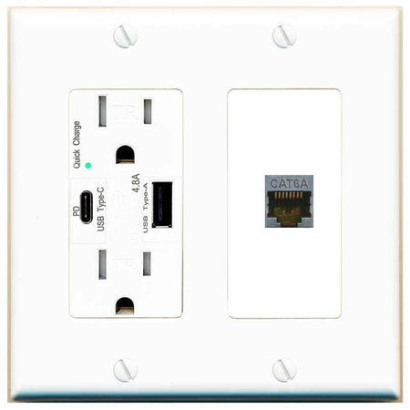 RiteAV 1 Port Cat6A Wall Plate - USB A+C Charger [White/White]