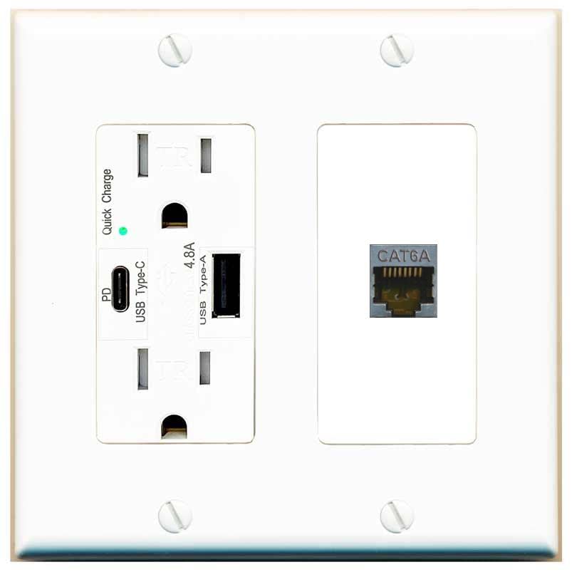 RiteAV 1 Port Cat6A Wall Plate - USB A+C Charger [White/White]