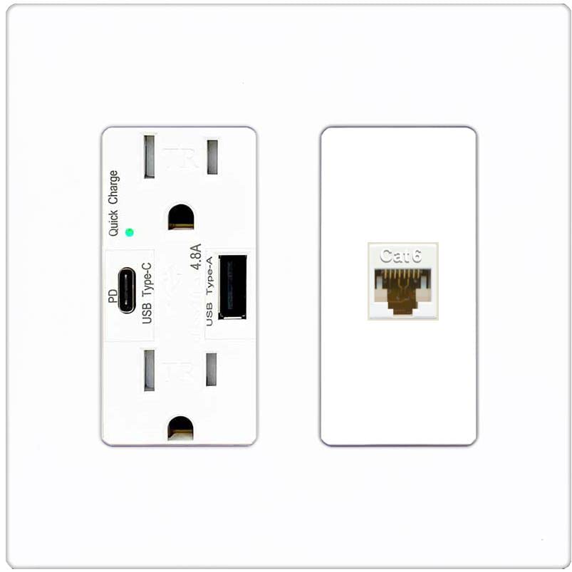 RiteAV 1 Port Cat6 Ethernet Wall Plate Female-Female - USB A+C Charger [Screwless White]