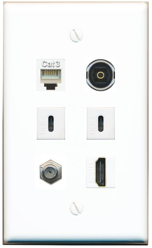 RiteAV Coax HDMI Phone TOSLINK 2 USBC Flat/Solid Wall Plate [White]