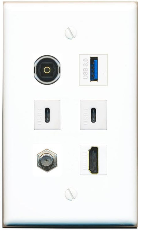 RiteAV Coax HDMI TOSLINK USB-3 2 USBC Flat/Solid Wall Plate [White]