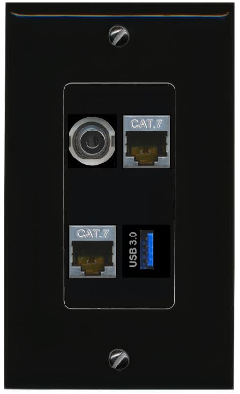 RiteAV 3.5mm 2 CAT7 USB-3 Wall Plate Decorative [Black]