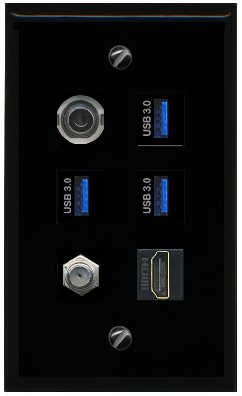 RiteAV 3.5mm Coax HDMI 3 USB 3 Flat/Solid Wall Plate [Black]