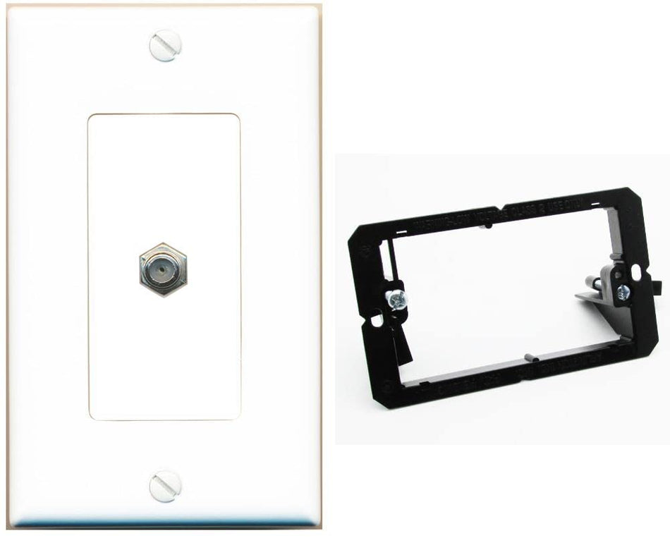 RiteAV 1 Port Coax Cable TV F-Type Wall Plate - 1 Gang w-Bracket [White/White]
