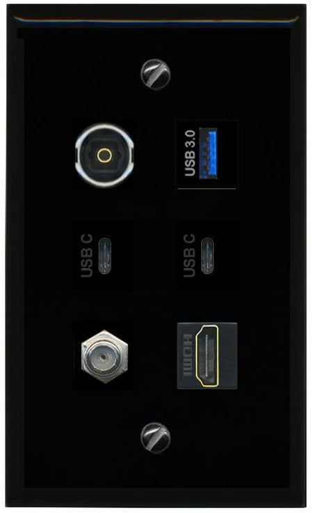 RiteAV Coax HDMI TOSLINK USB 3 2 USBC Flat/Solid Wall Plate [Black]